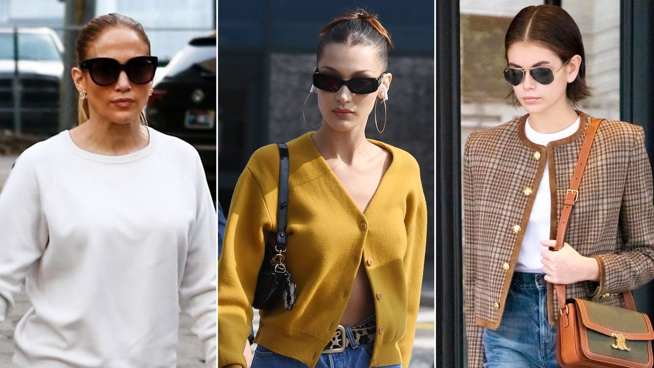 Split image of jennifer lopez, bella hadid, and kaia gerber wearing sunglasses