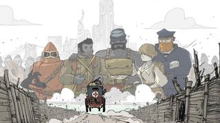 Valiant Hearts: Coming Home - Five people and a dog standing in the background as an ambulance drives away from the viewer