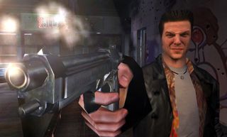 Max Payne firing his gun while wearing his signature scowl.