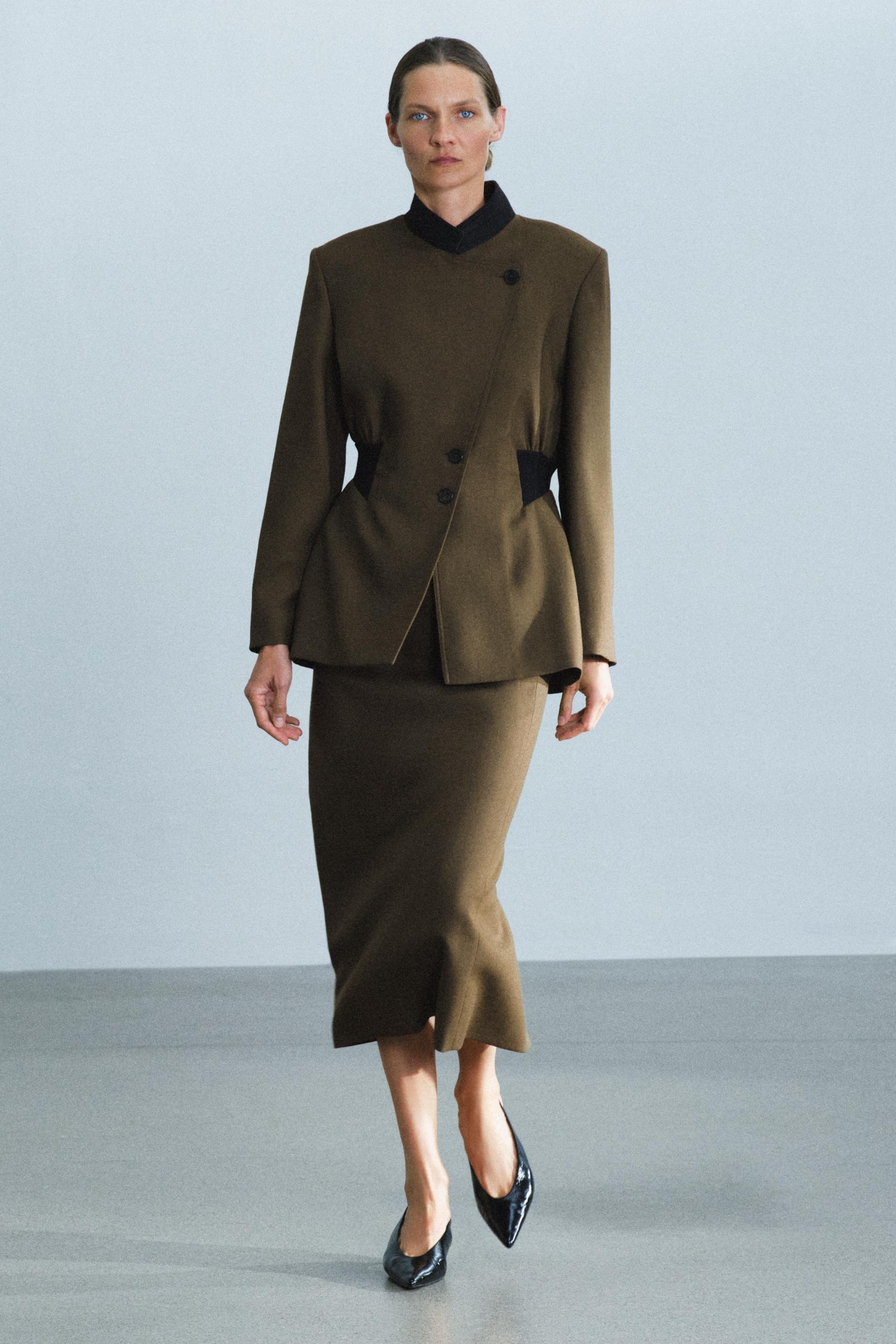 Zw Collection 100% Wool Tailored Jacket With Elasticated Waist - Mid Khaki - Xs