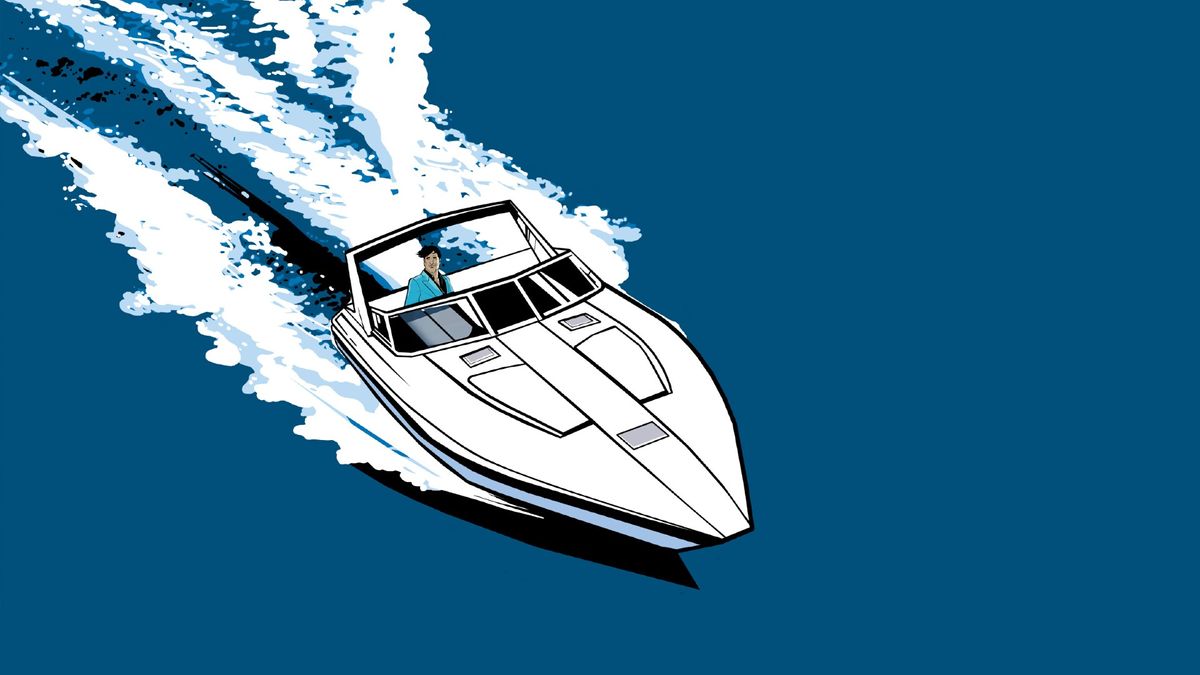 A man rides a speedboat in some GTA Vice City concept art