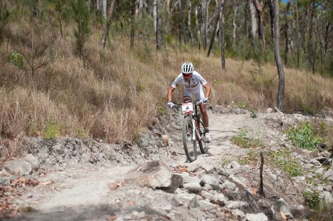 Perfect conditions for the XCO whippet David Rosa from Portugal - a rocky climb and fast descent at Atherton MTB Park
