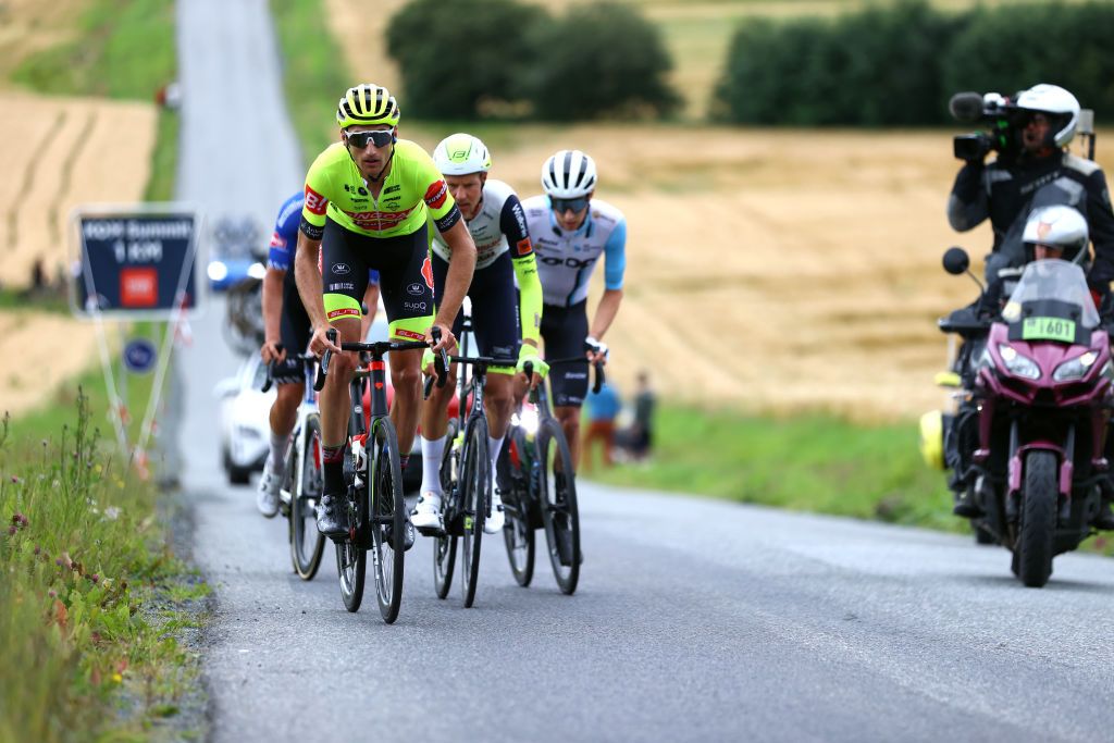 SKALLSTUGGU NORWAY AUGUST 13 Tom Wirtgen of Luxembourg and Team Bingoal Pauwels Sauces Wb leads the breakaway during the 9th Arctic Race Of Norway 2022 Stage 3 a 1777km stage from Namsos to Skallstuggu 474m ArcticRace on August 13 2022 in Skallstuggu Norway Photo by Michael SteeleGetty Images