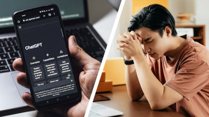 A person holding a phone running ChatGPT next to a person praying at a desk.
