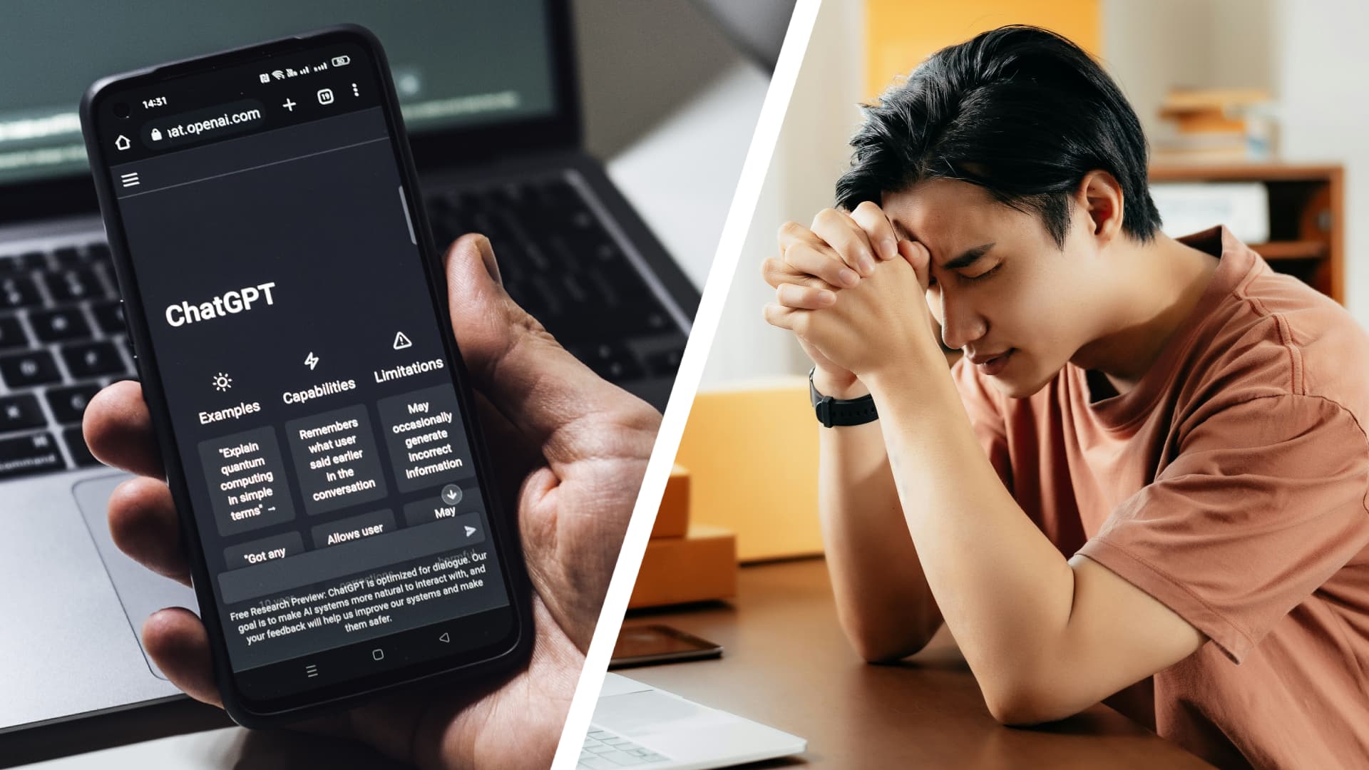 A person holding a phone running ChatGPT next to a person praying at a desk.