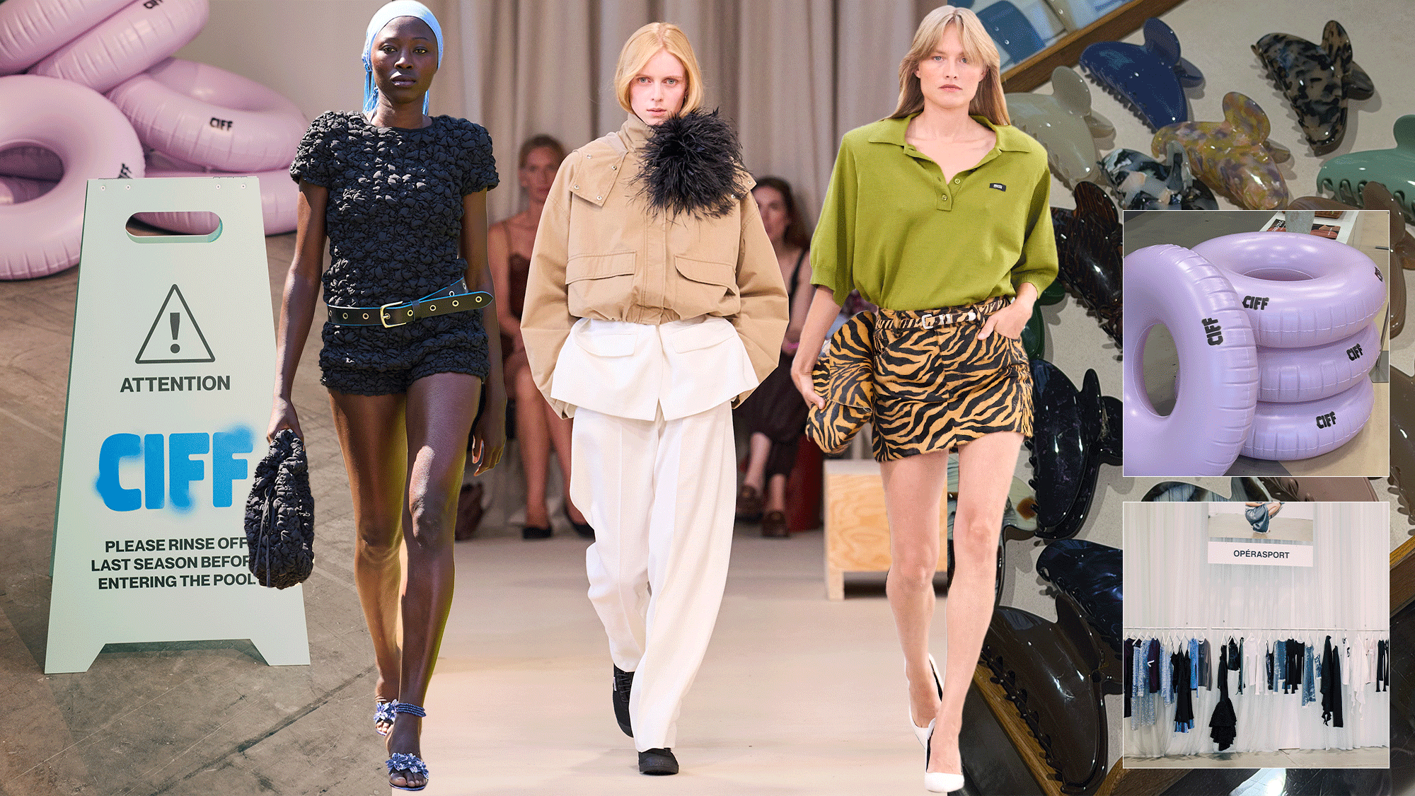Collage of different runway and trend images from CIFF 67 Spring Summer 2027 edition during Copenhagen Fashion Week.