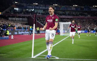 Konstantinos Mavropanos of West Ham United celebrates after scoring to make it 1-1 during the Premier League match between West Ham United and Manchester City at London Stadium on March 14, 2026 in London, England