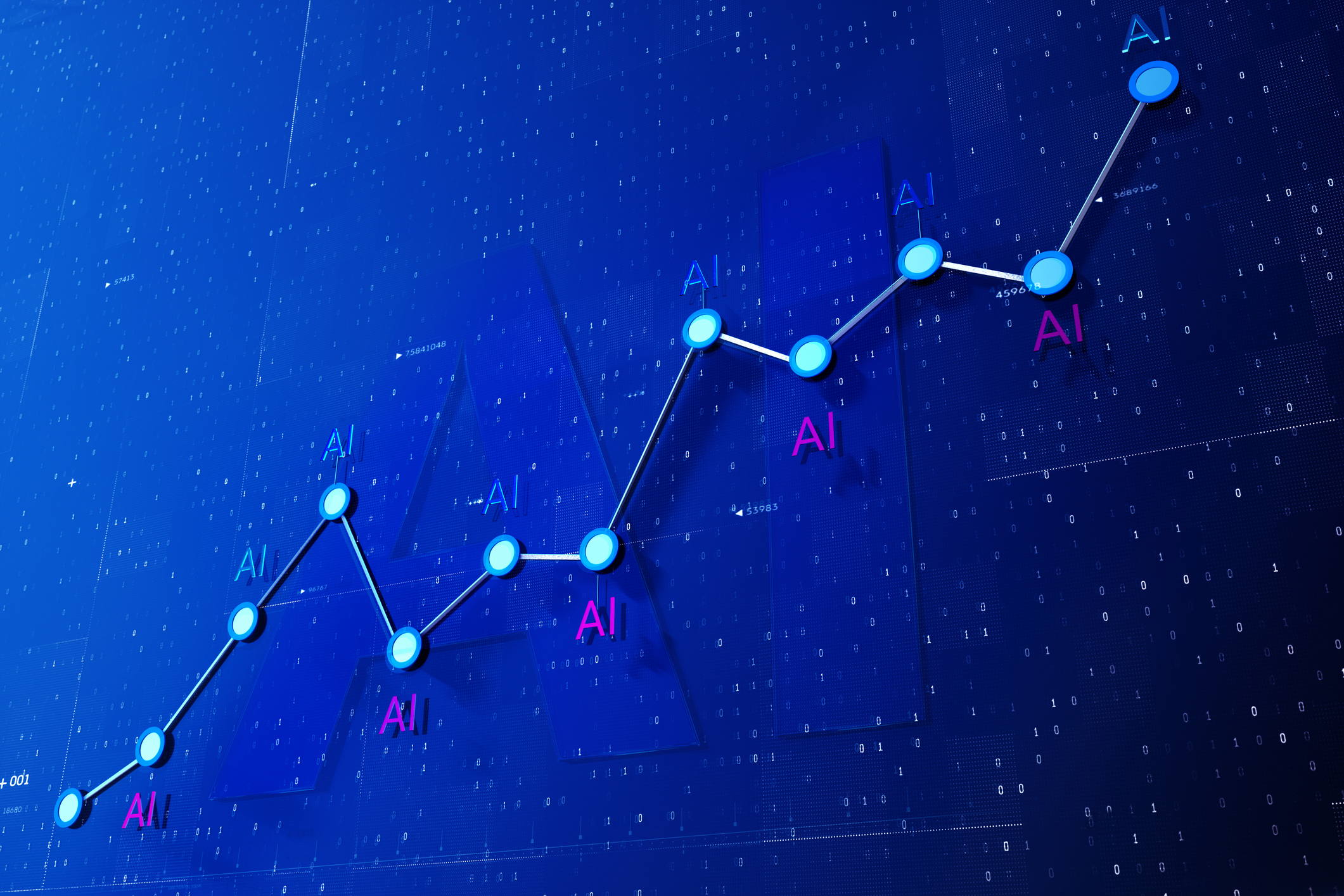 Digital generated image of abstract growing diagram with Ai signs on blue background.