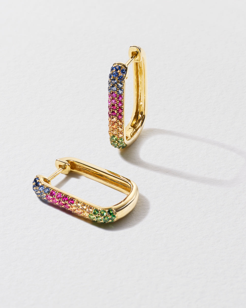 Rainbow Sapphire Oval Hoop Earrings - Yellow Gold