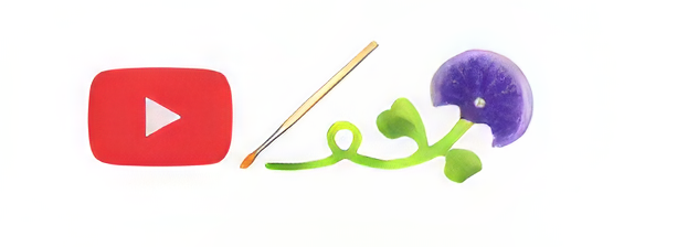 YouTube logo variation showing a red rectangle holding a play button beside an icon of a watercolour paint brush and a flower