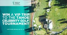 A promo for Fujikura's competition to win a VIP trip to the Tahoe Celebrity Golf Tournament showing text and an aerial shot of a golf course