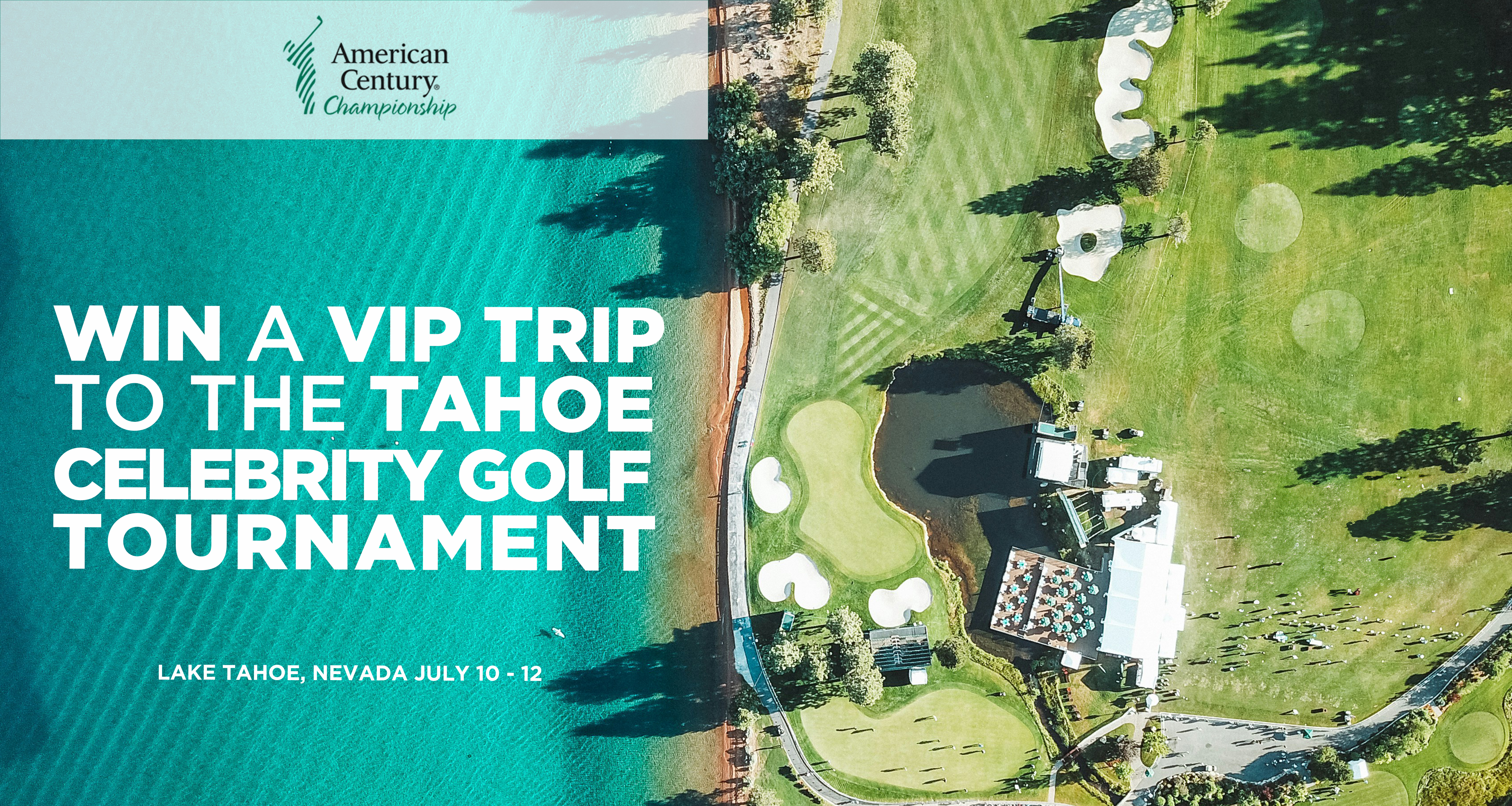 A promo for Fujikura's competition to win a VIP trip to the Tahoe Celebrity Golf Tournament showing text and an aerial shot of a golf course