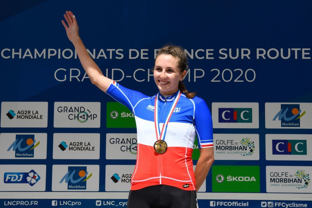 Juliette Labous waves to the crowd after winning the French Elite time trial championship between Locmine and Grand Champ 284km western France on August 21 2020 Photo by Damien MEYER AFP Photo by DAMIEN MEYERAFP via Getty Images