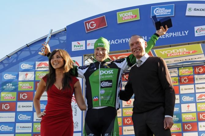 Sam Bennett on the stage winner's podium