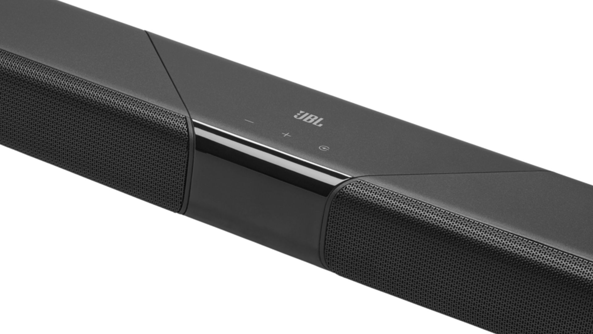 JBL Cinema SB595MK2 on a white background, close up of the foldable hinge in the middle of the bar.