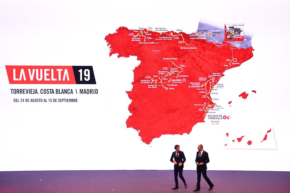 Perico Delgado Carlos de Andr&eacute;s walk on stage at the 2019 Vuelta route presentation