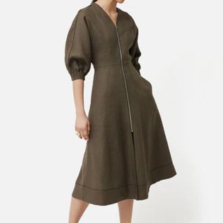 zip fronted khaki linen dress