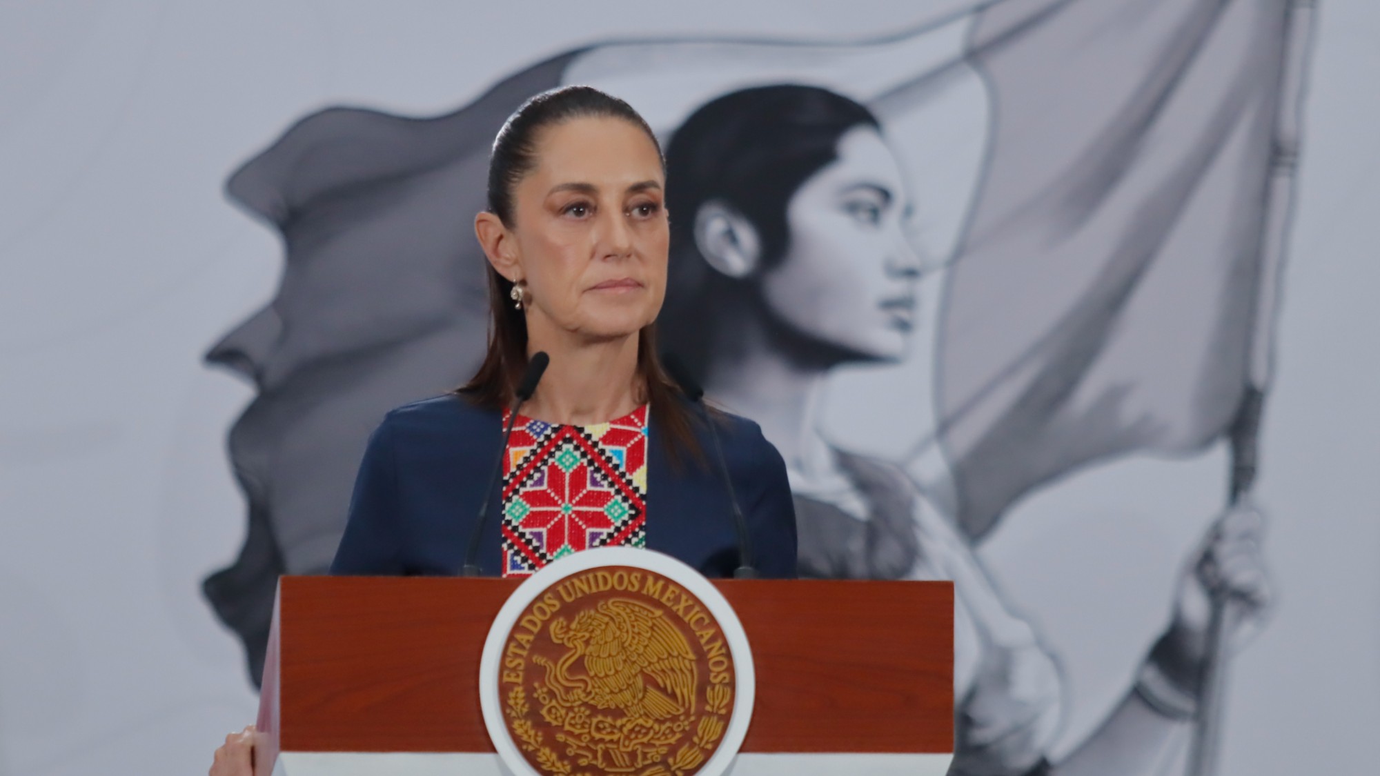 Claudia Sheinbaum, President of Mexico, speaks during a press conference 