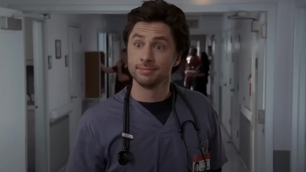 Zach Braff&#039;s JD uncomfortably smirking in Scrubs
