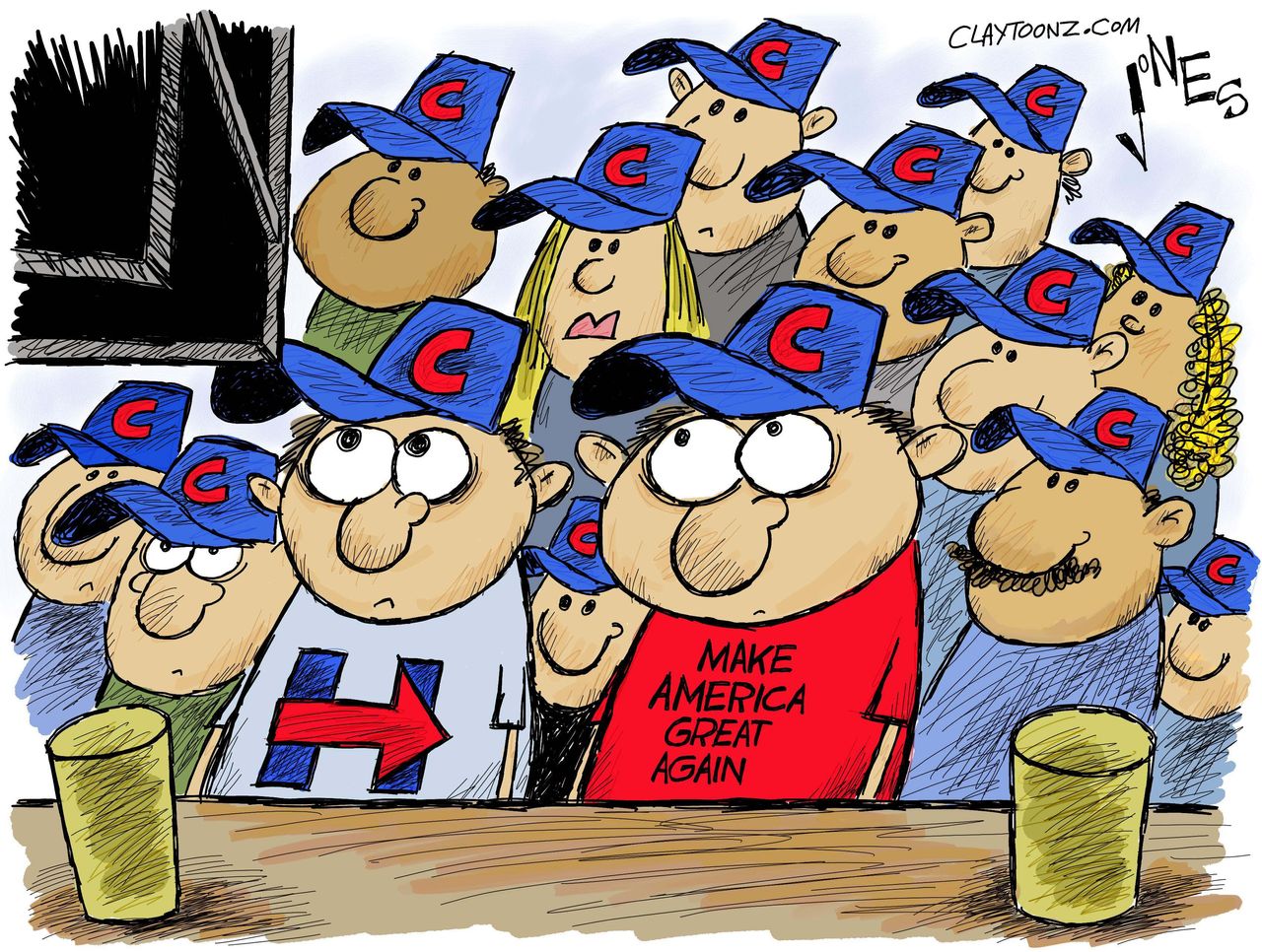 Political cartoon U.S. 2016 election Donald Trump Hillary Clinton supporters Cubs baseball