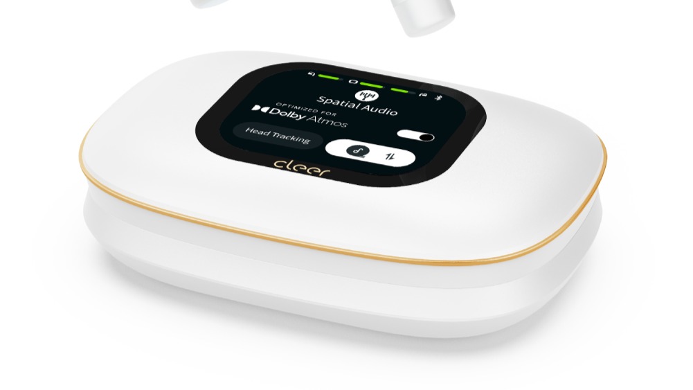 Cleer Audio Arc 5 charging case in white on a white background