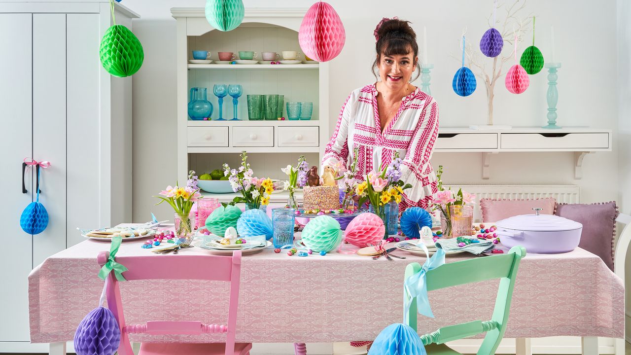 Brightly colours easter table with hanging honeycomb eggs