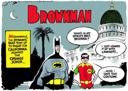 Political Cartoon U.S. Donald Trump California Becerra Brown Batman