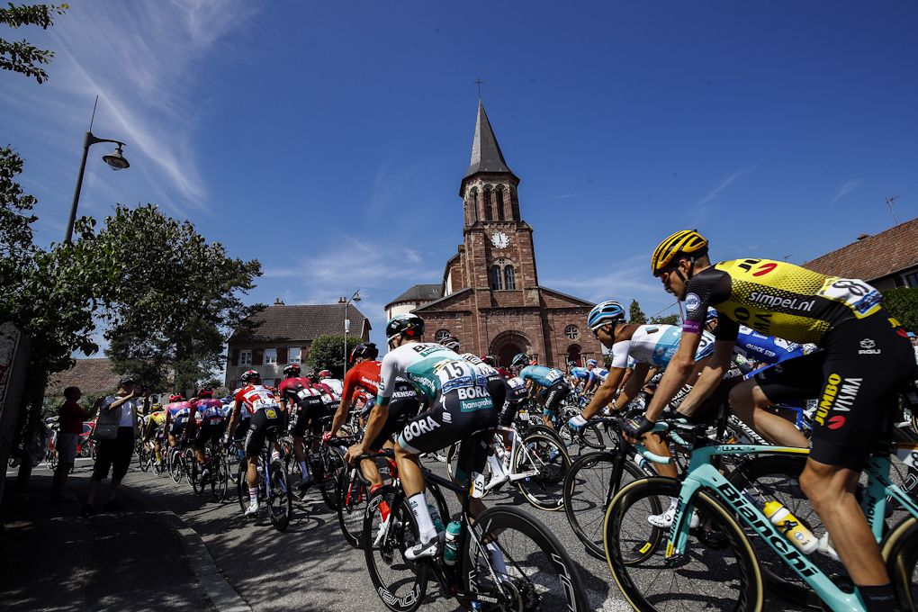 The Tour de France peloton in action during stage 7