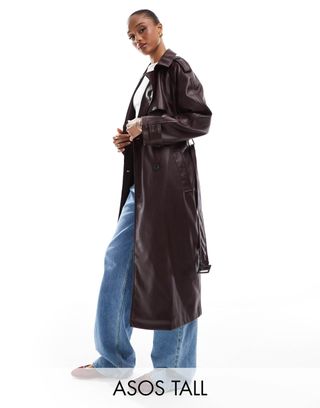 Asos Design Tall Leather Look Trench Coat in Burgundy