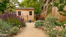 shed ideas: wooden shed at end of gravel path