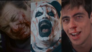 A panicked bloody Joe Pesci from Casino, pictured next to a bloodied Art the Clown smiling in Terrifier 2, and a smiling Benecio del Toro in Licence to Kill. 