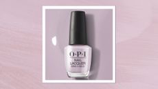 A product shot of the OPI Nail Lacquer Graffiti Sweetie shade on a purple polish backdrop and features in a pastel lavender template