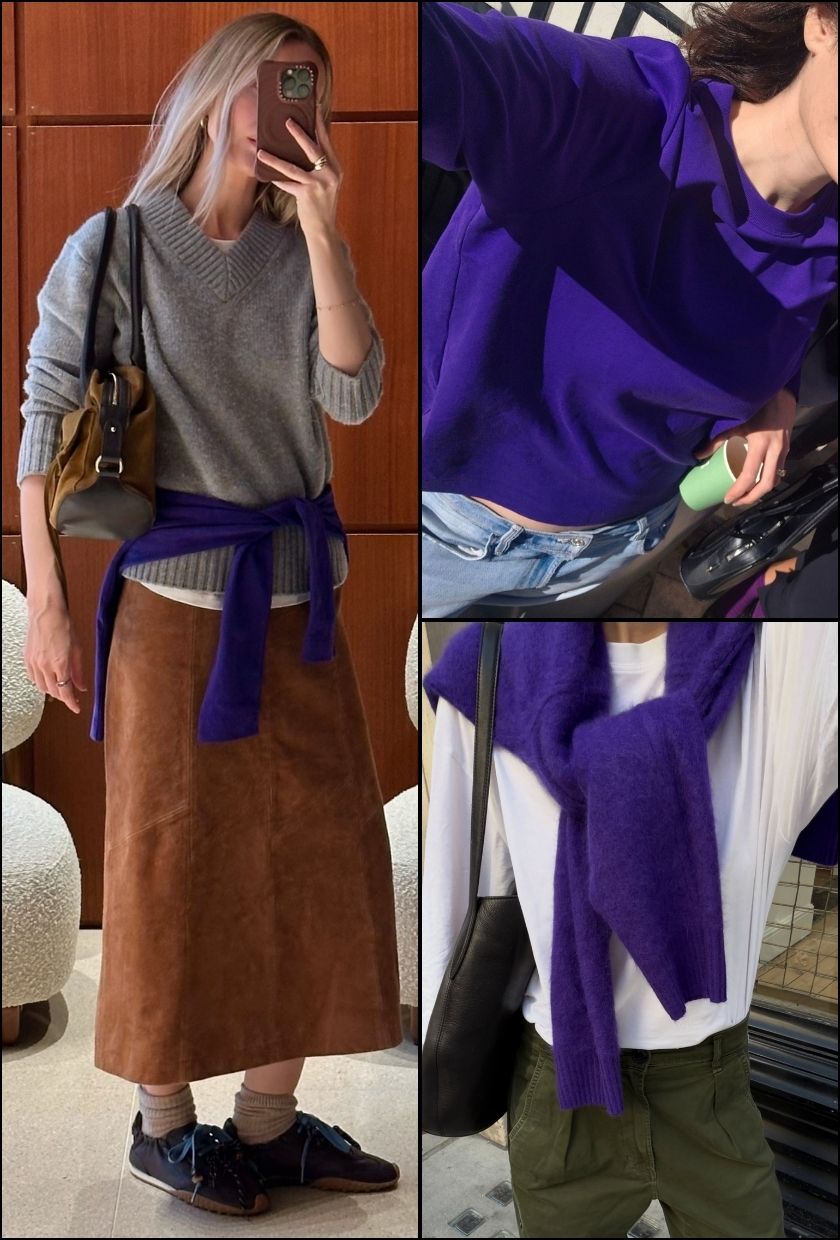 @chloekathbutler wears a violet jumper with a grey knit and suede skirt, Who What Wear's Natalie Munro wears a violet jumper and jeans, @thealiceedit wears a violet jumper with a white tee and cargos