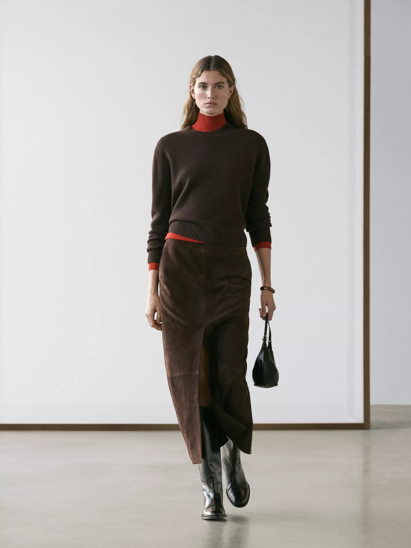 Massimo Dutti, Straight Nubuck Leather Midi Skirt