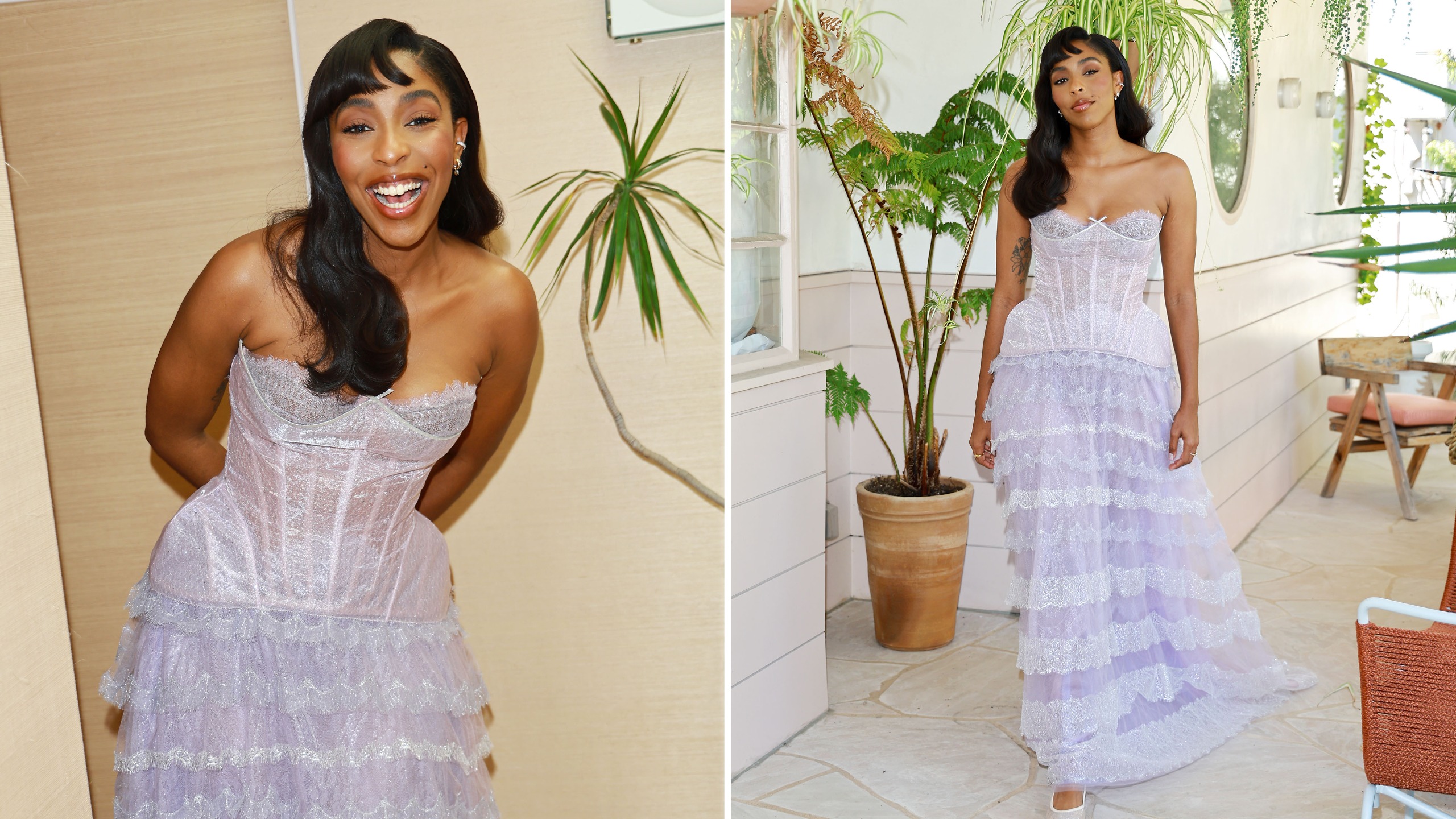 Jessica Williams getting ready for the 2026 Primetime Emmy Awards wearing a custom lavender Honor dress. 