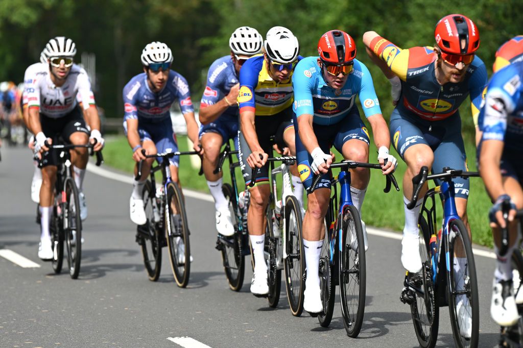 LUXEMBOURG LUXEMBOURG SEPTEMBER 22 LR Mathieu Van Der Poel of The Netherlands and Team AlpecinDeceuninck Yellow leader jersey and Mads Pedersen of Denmark and Team LidlTrek Blue Sprint Jersey compete during the 84th Tour de Luxembourg 2024 Stage 5 a 1769km stage from Mersch to Luxembourg UCIWT on September 22 2024 in Luxembourg Luxembourg Photo by Tim de WaeleGetty Images
