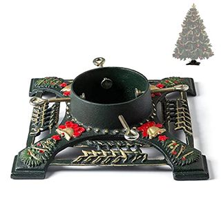 Dark green wrought iron tree stand with gold bell and deer design