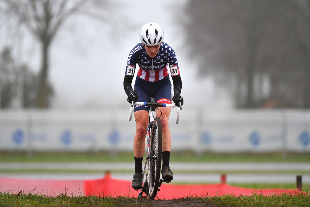 RUCPHEN NETHERLANDS DECEMBER 18 Clara Honsinger of The United States and Team CannondaleCyclocrossworld competes during the 9th Rucphen UCI CycloCross Worldcup 2021 Womens Elite CXWorldCup UCIcyclocrossWC on December 18 2021 in Rucphen Netherlands Photo by Luc ClaessenGetty Images