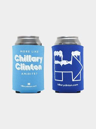 A pair of Hillary Clinton branded drinks can cooling sleeves.
