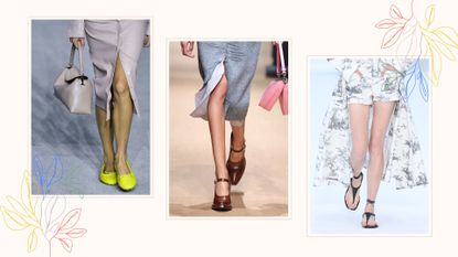 A composite of models on the runway showing shoe trends 2023