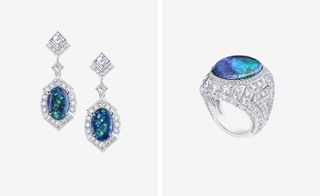 left image showing a pair of white diamond earrings with an Australian black opal in the centre of each earring; right image showing a matching ring