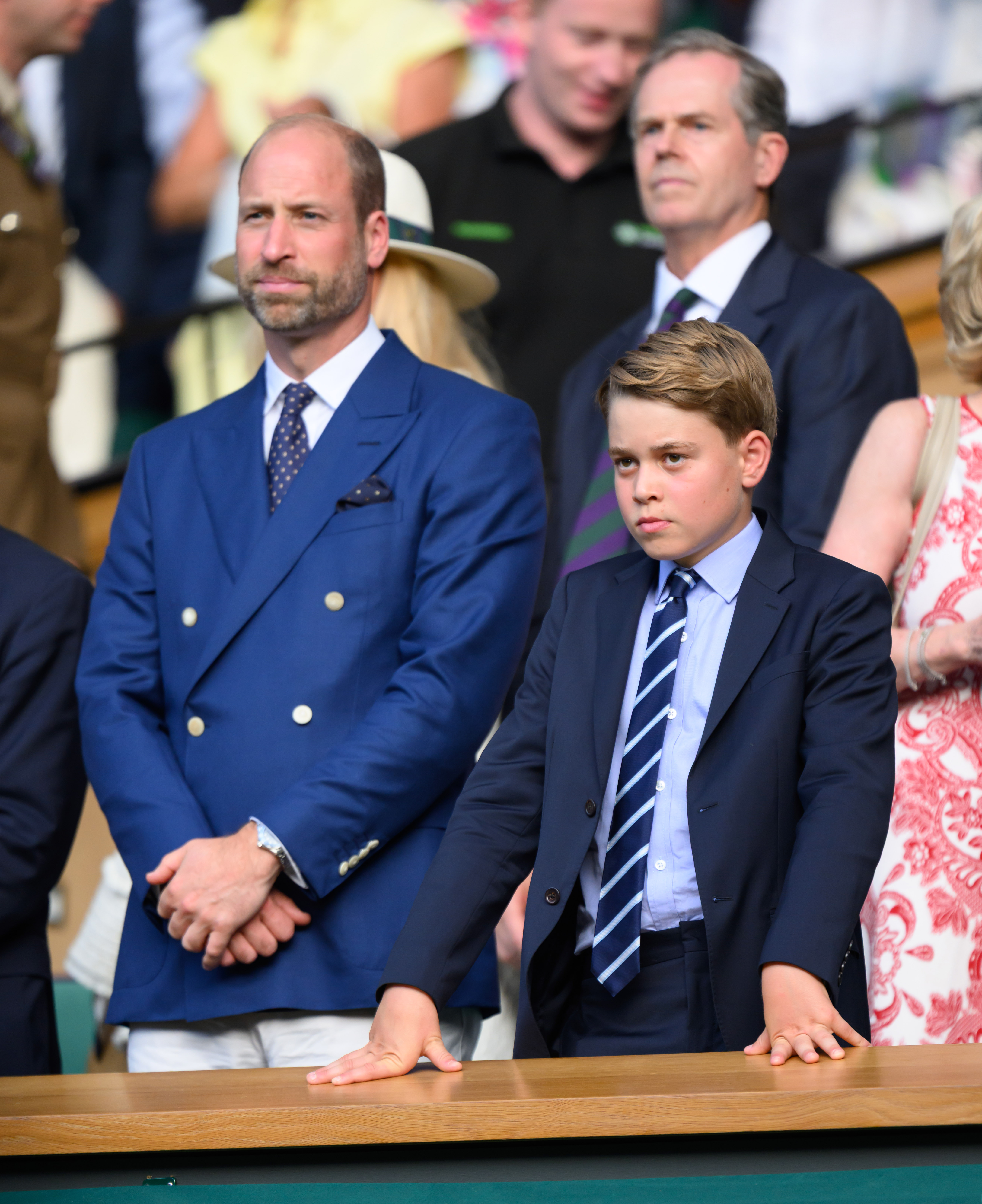 Prince George wears a suit and tie to Wimbledon on July 13 with father Prince William and sister Princess Charlotte