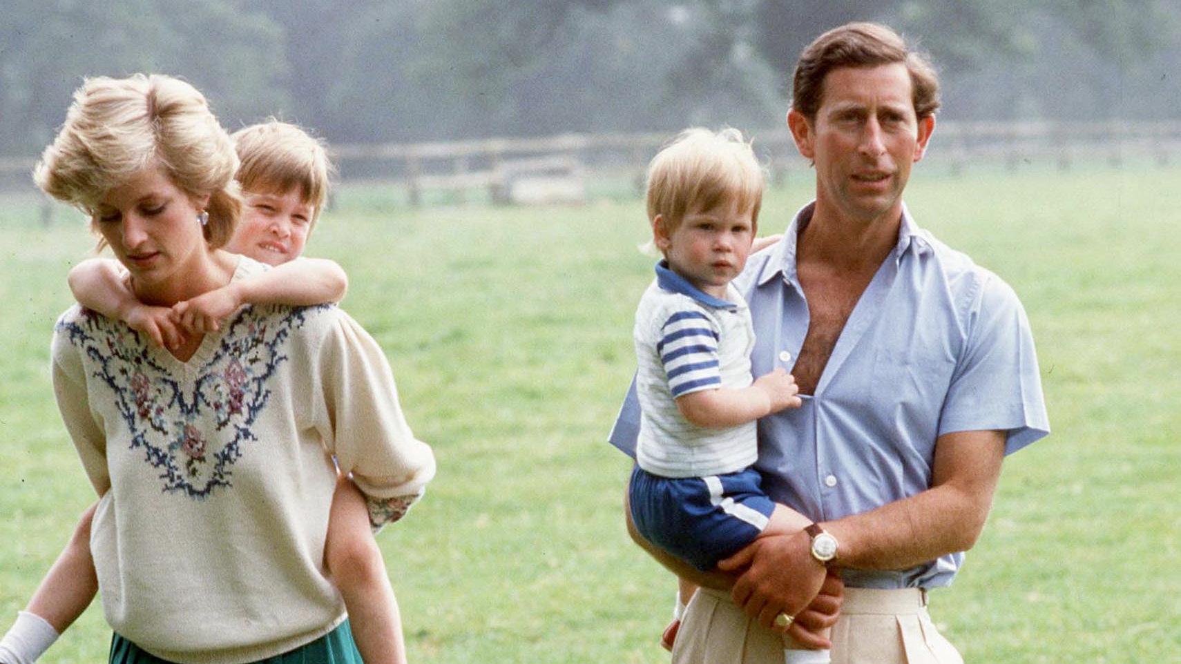 King Charles and Princess Diana with Prince William and Prince Harry in the gardens of Highgrove House