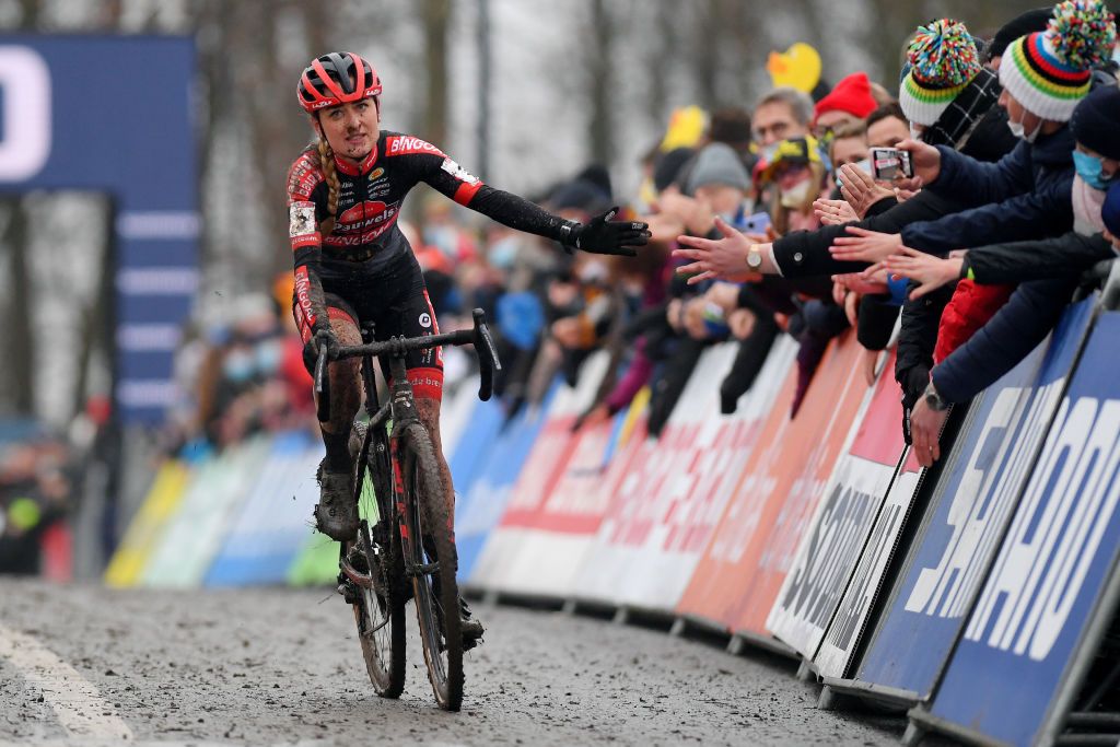 NAMUR BELGIUM DECEMBER 19 Denise Betsema of The Netherlands and Team Pauwels Sauzen Bingoal reacts after crossing the line in second place during the 13th Namur UCI CycloCross Worldcup 2021 Womens Elite UCIWT on December 19 2021 in Namur Belgium Photo by Luc ClaessenGetty Images