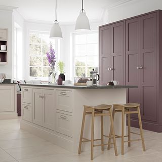 Two tone kitchen cabinet ideas with cream and purple kitchen