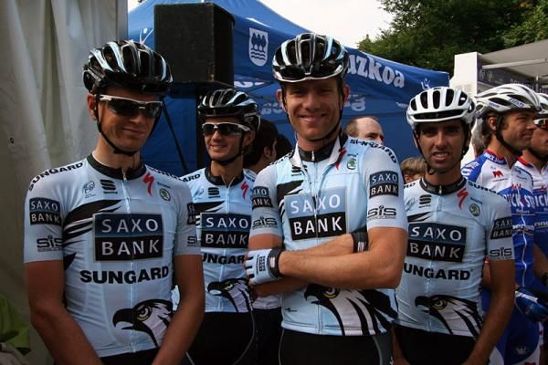 Saxo Bank Sungard riders await the start of the Clasica San Sebastian.