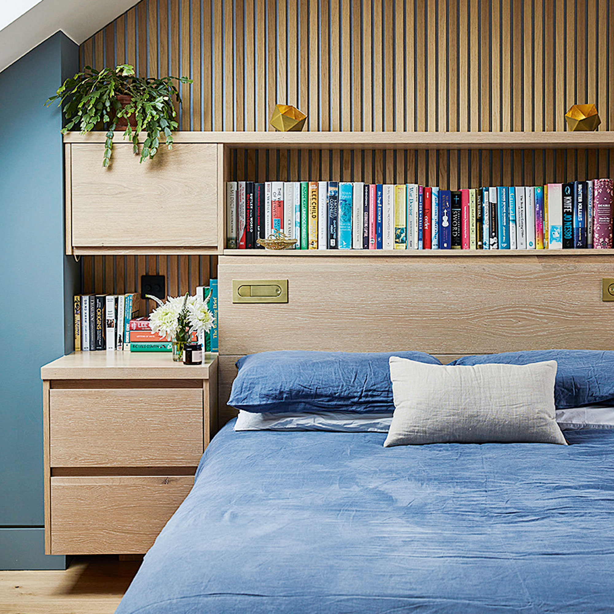 Bedroom with blue bedding
