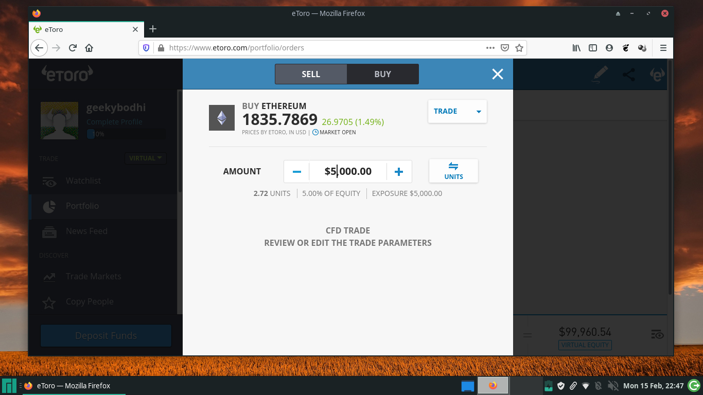 Screenshot of the eToro trading platform