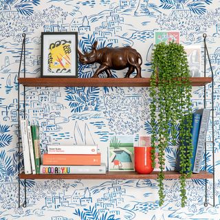 Blue wallpaper with brown shelves