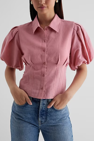 pink linen button down shirt with puff sleeves